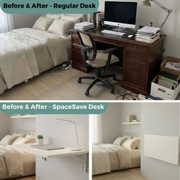Bedroom study desk before and after EEZY Fold Down Desk