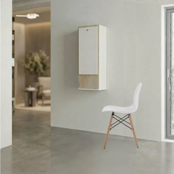 Wall mounted fold-up desk closed against wall in modern home