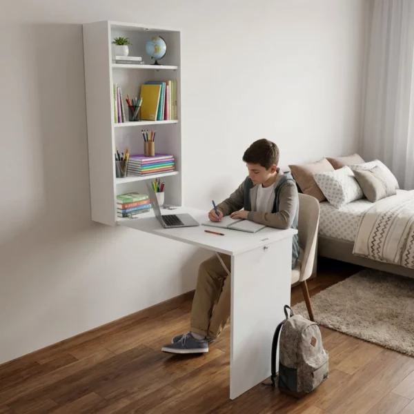 Wall mounted desk with shelves for study and admin
