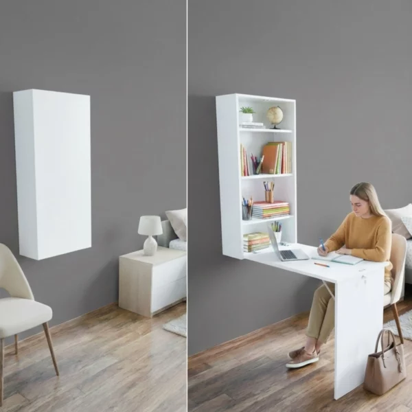 Fold-up workstation used as a work-from-home desk