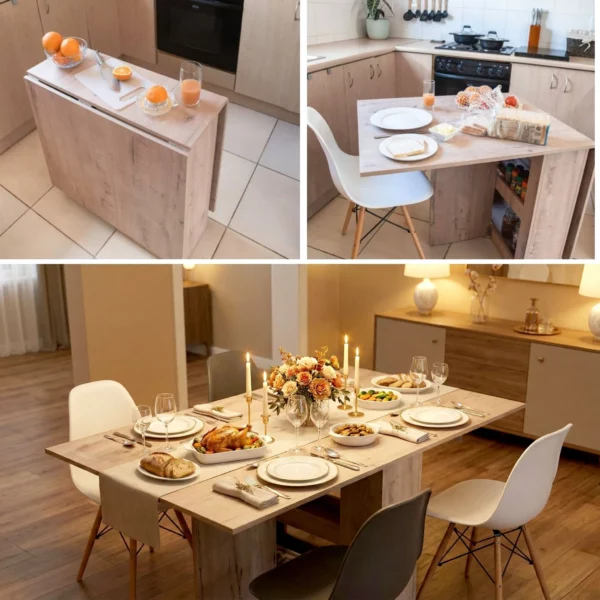 Folding 4-in-1 table used as a work-from-home desk in a compact room - Rustic Wood