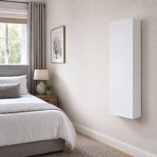 Folding Wall Mounted Ironing Board Cupboard in Bedroom with Closed Door