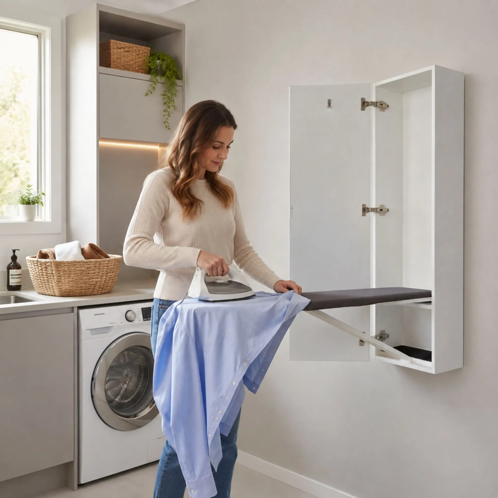 Folding Wall Mounted Ironing Board Cupboard Woman Is Ironing A Shirt