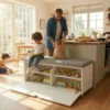 White ottoman storage bench with toys and books
