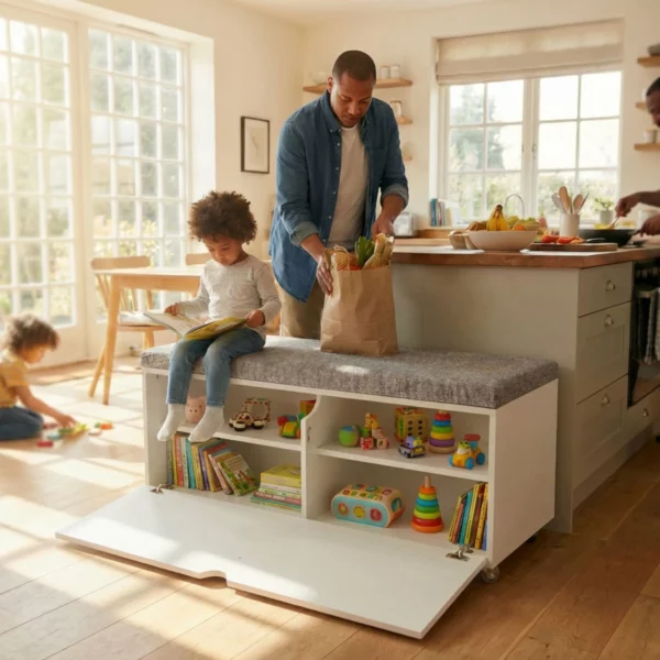 White ottoman storage bench with toys and books