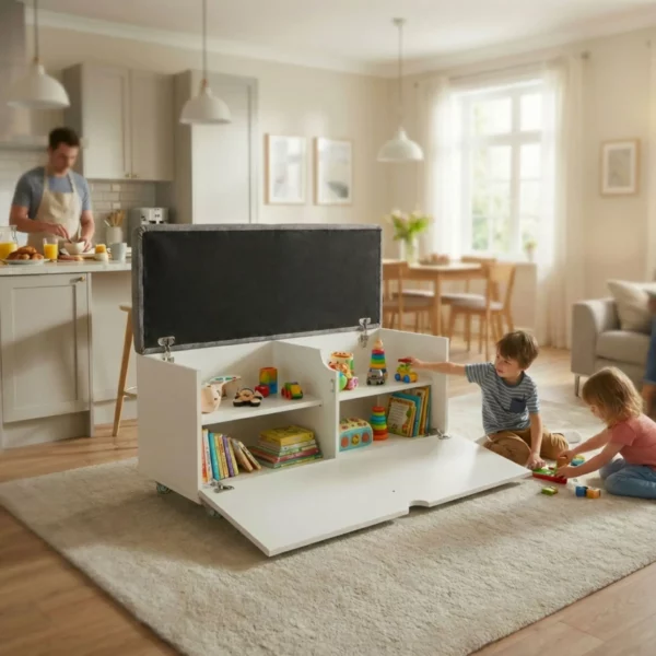 White ottoman storage bench with toys and books