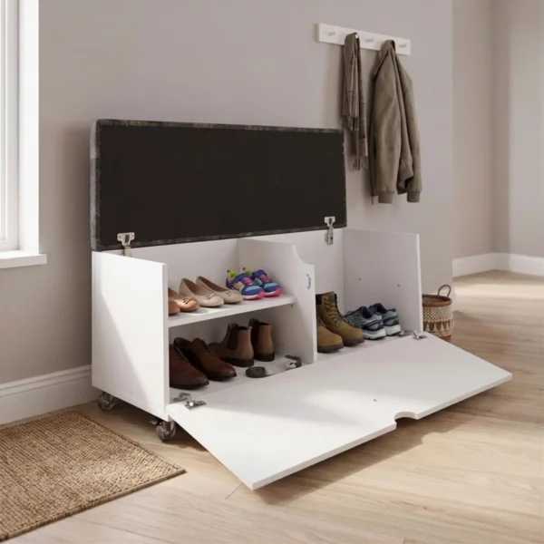 White ottoman storage bench with toys and books