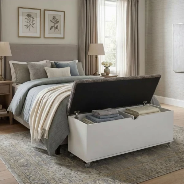 Mobile storage bench at end of bed in modern bedroom