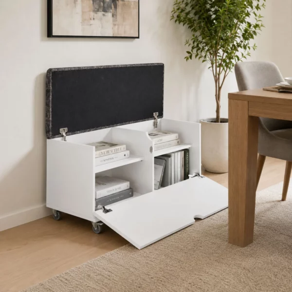 Sit N Stow Mobile Ottoman Storage Bench Dual Access - White
