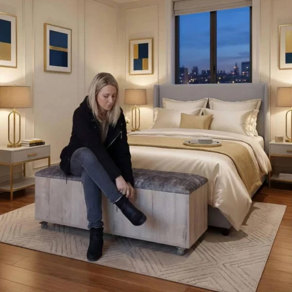 Mobile storage bench at end of bed in modern bedroom