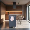 Large kitchen island with side handle, open shelves and lockable wheels