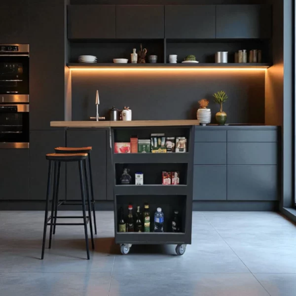 Large kitchen island with side handle, open shelves and lockable wheels