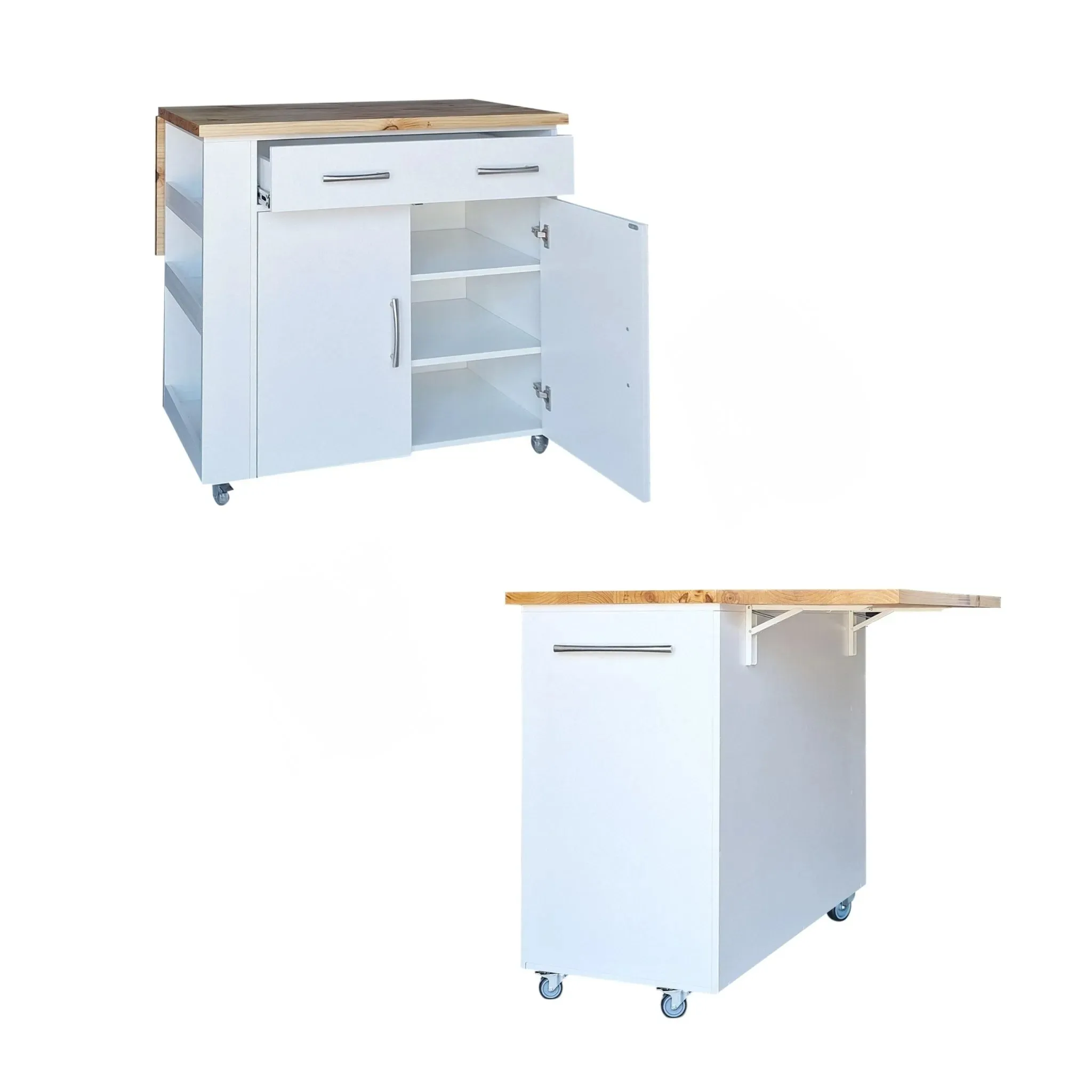 SpaceSave Kitchen Island on Wheels with Fold-Out Table - White Light Pine