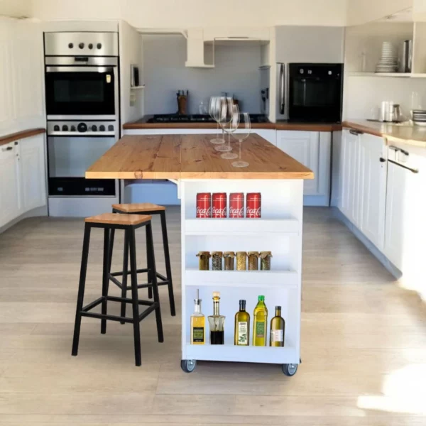 Space-saving kitchen island with cupboard doors and adjustable shelves