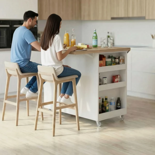 SpaceSave Kitchen Island with Fold Out Breakfast Table - White