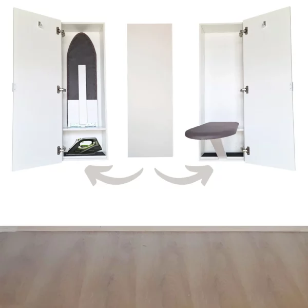 White Wall Mounted Ironing Board Cabinet Shown Open And Closed