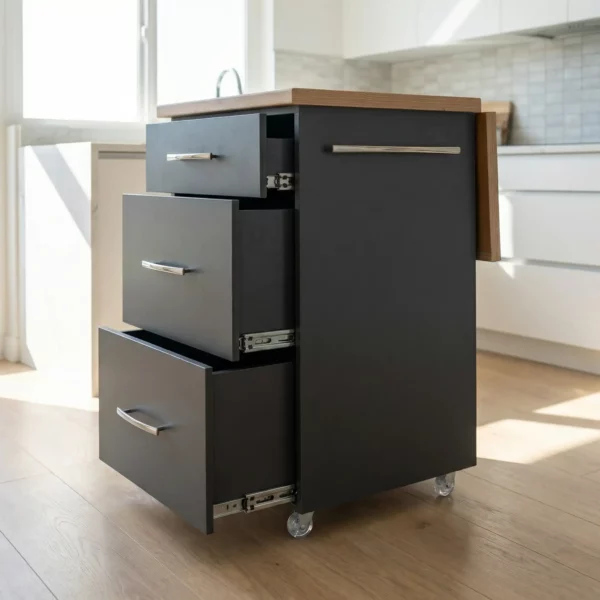 Small Kitchen Island With Fold-Out Table and Drawers - Midnight Kalahari