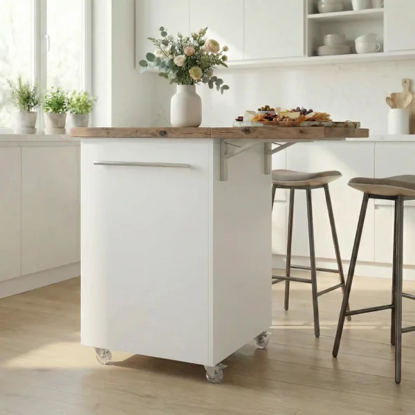 Small Kitchen Island With Fold-Out Table and Drawers - White Pine