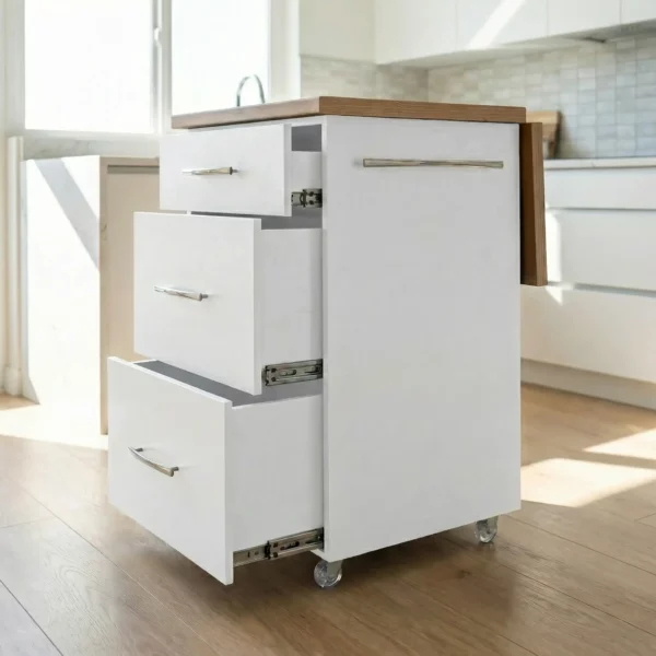 Small Kitchen Island With Fold-Out Table and Drawers - White Kalahari