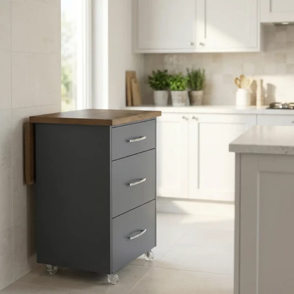 Small Kitchen Island With Fold-Out Table and Drawers - Midnight Kalahari