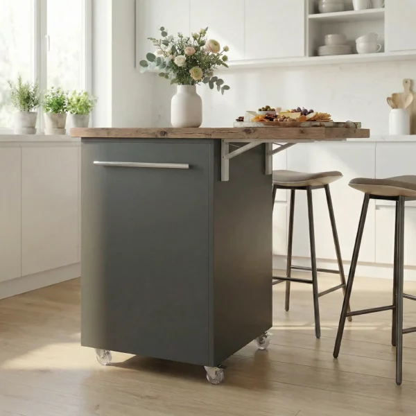 Small Kitchen Island With Fold-Out Table and Drawers as Serving Station