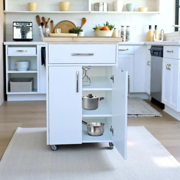 Small Kitchen Island On Wheels With Shelves - White Pine Open Cupboard