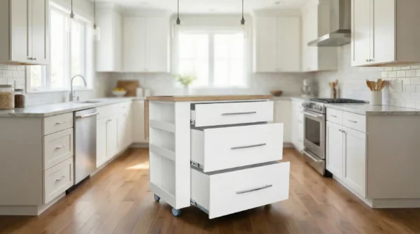 Large SpaceSave kitchen island on wheels with fold-out table and soft-close drawers - White