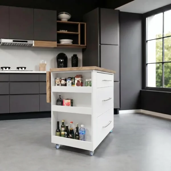 Large SpaceSave kitchen island on wheels with fold-out table and soft-close drawers - White