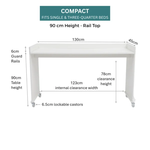 bedbridge rolling over bed desk compact 90cm compact 90cm railtop white dimensions