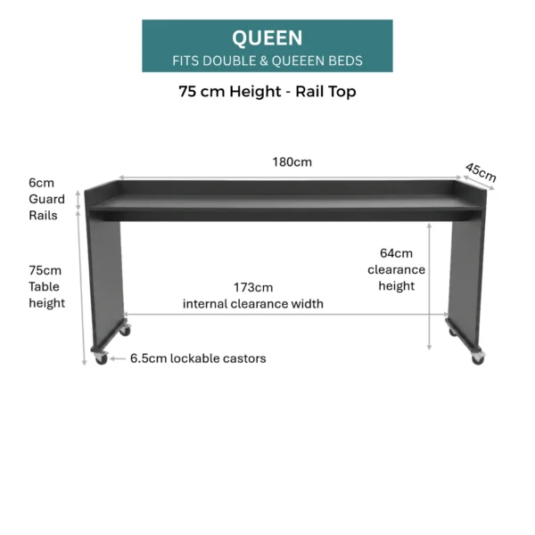bedbridge rolling over bed desk queen 75cm rail top midnight dimensions