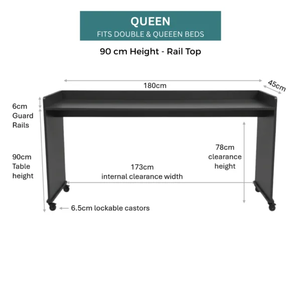 bedbridge rolling over bed desk queen 90cm rail top midnight dimensions