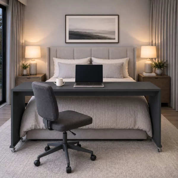 BedBridge Rolling Over Bed Desk Queen 75cm With Wheels at foot of bed - Midnight
