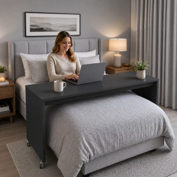 BedBridge mobile over-bed desk on wheels and guard rails used across bed - Midnight