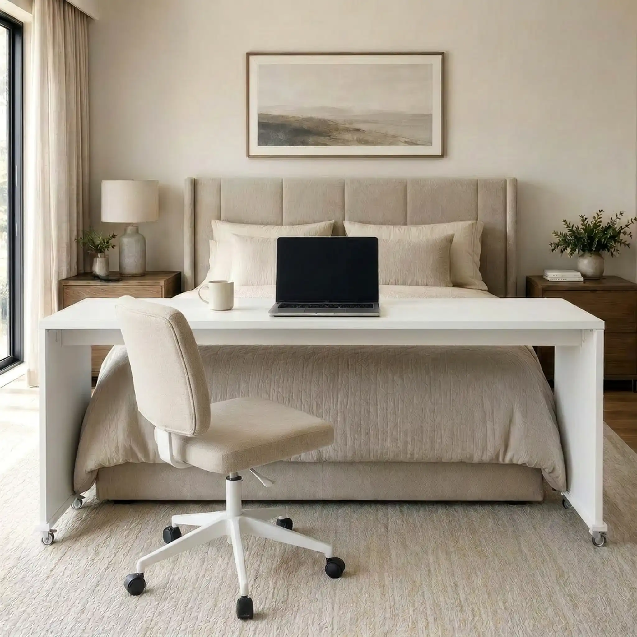 Mobile bedroom desk on wheels positioned against foot of bed