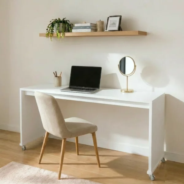 Mobile bedroom desk on wheels positioned against wall