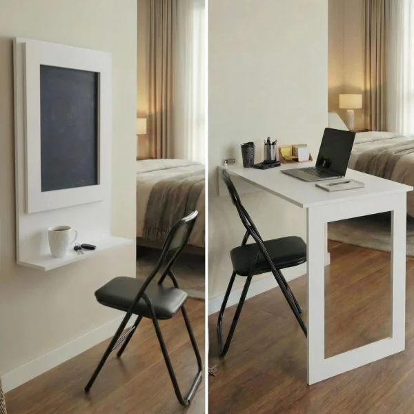 SpaceSave Fold Up Wall Mounted Desk with Blackboard - White