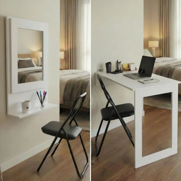 SpaceSave Fold Up Wall Mounted Desk with Mirror - White
