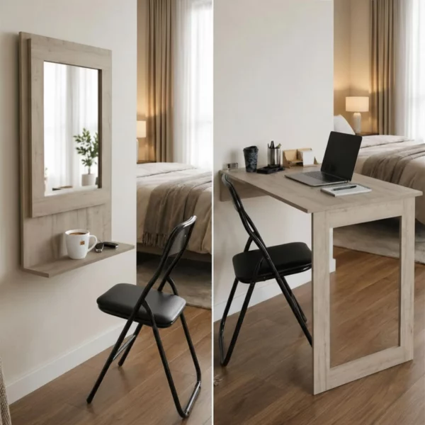 SpaceSave Fold Up Wall Mounted Desk with Mirror - Rustic Wood