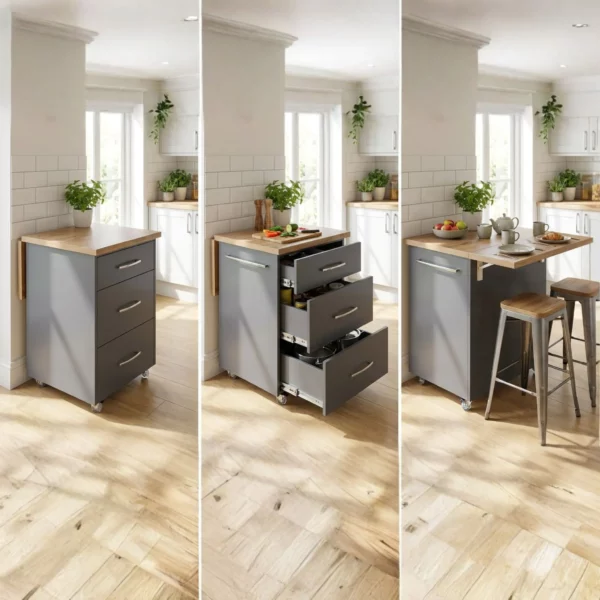 Small Kitchen Island With Fold-Out Table and Drawers - Midnight Kalahari