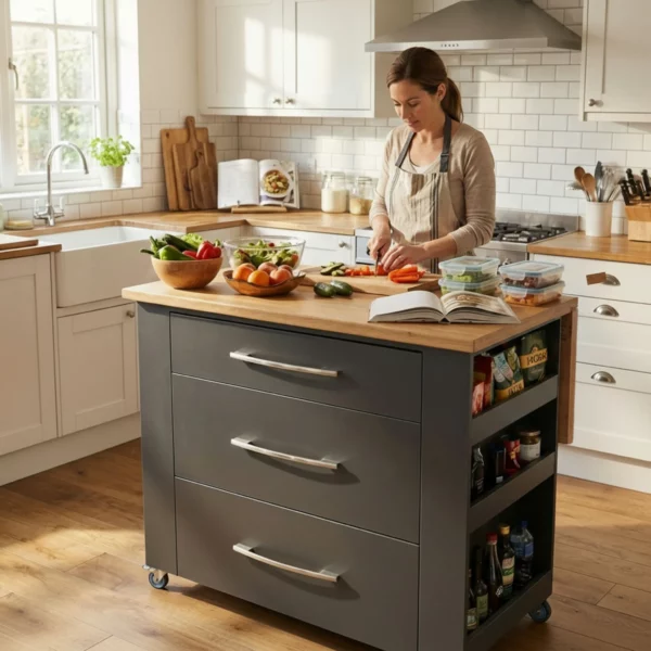 Multi-functional kitchen island for prep, storage, serving and compact living