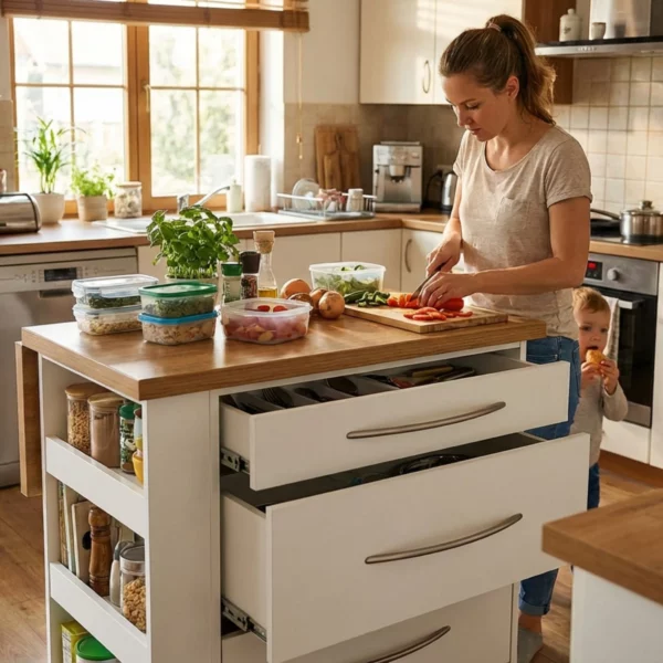 Multi-functional kitchen island for prep, storage, serving and compact living
