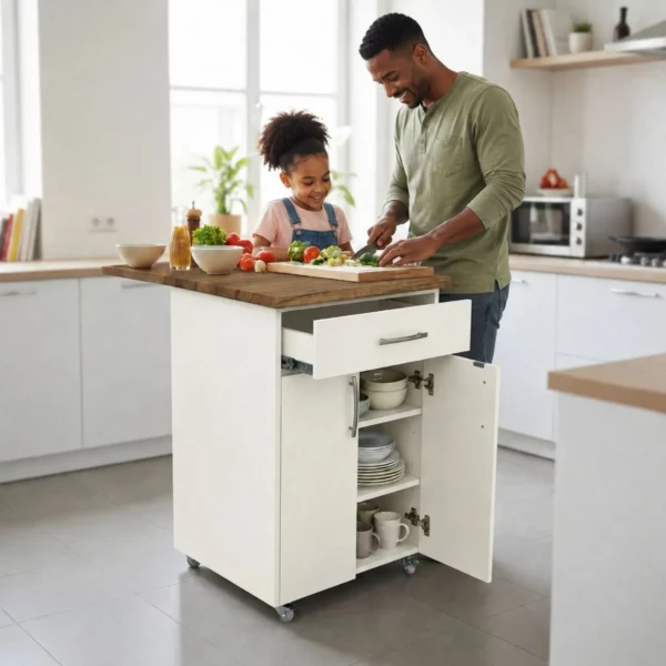 Small Kitchen Island With Fold-Out Table and Drawers - White Kalahari as Prep Station