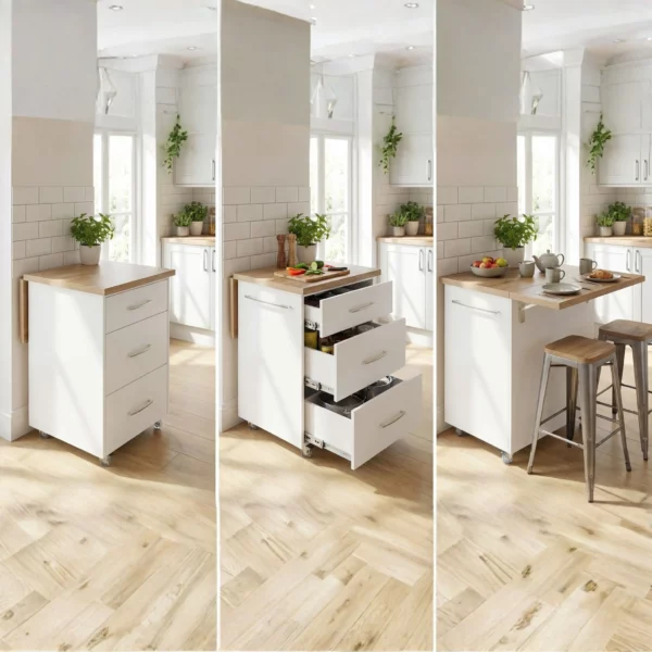 Small Kitchen Island With Fold-Out Table and Drawers in 3 Formats - White