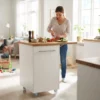 Small Kitchen Island With Fold-Out Table and Drawers - White Pine