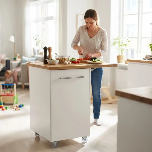 Small Kitchen Island With Fold-Out Table and Drawers - White Pine