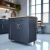 Large kitchen island with side handle, open shelves and lockable wheels - Midnight Pine