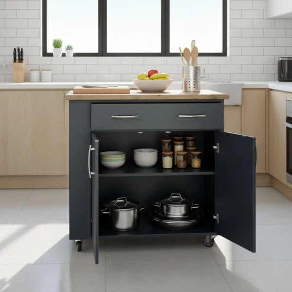 Large kitchen island with side handle, open shelves and lockable wheels - Midnight Kalahari