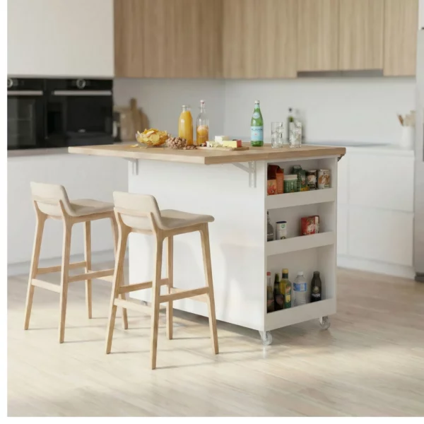 Large kitchen island with Kalahari top, drawers, side shelves and lockable castors