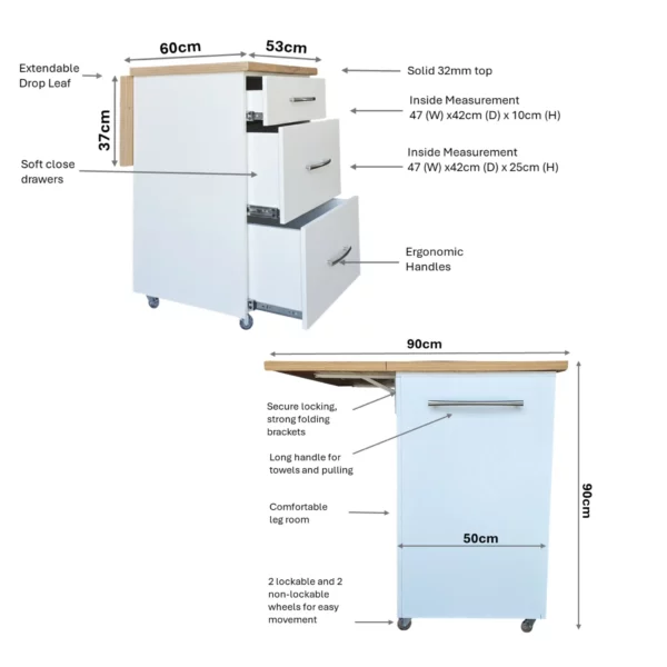Small Kitchen Island With Fold-Out Table and Drawers - Dimensions
