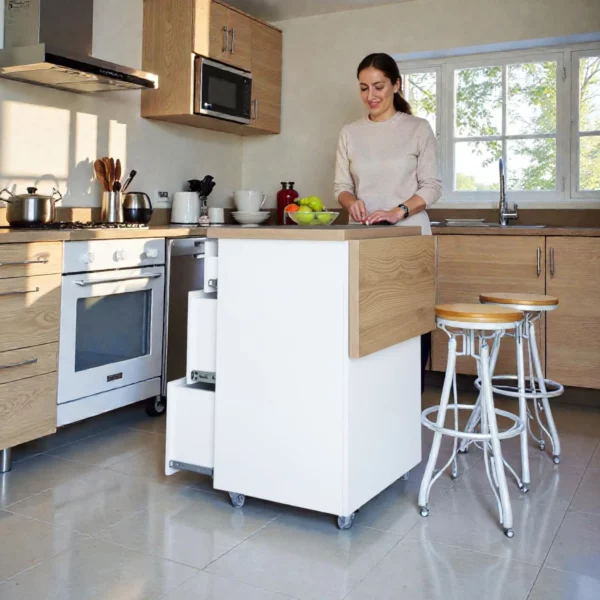 Small Kitchen Island With Fold-Out Table and Drawers - White Pine